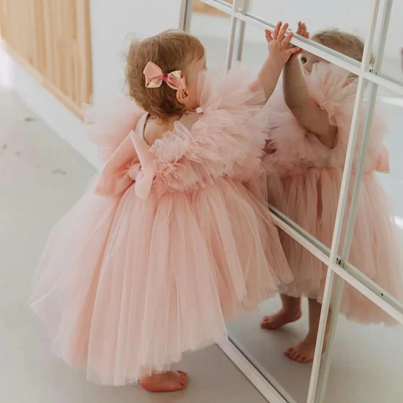 

Baby Flower Girls Dresses Tutu Cake Smash Birthday Gown Toddler Girls High Low Square Collar Formal Party Pageant Dress Pink