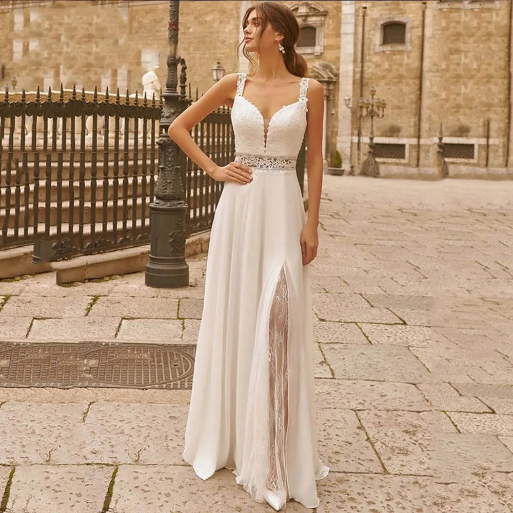 Luxury V-Neck A-Line Wedding Dresses for Woman Boho Sleeveless Bridal Gowns Lace Appliques Slit Vestidos De Novia Custom Made
Luxury V-Neck A-Line Wedding Dresses for Woman Boho Sleeveless Bridal Gowns Lace Appliques Slit Vestidos De Novia Custom Made