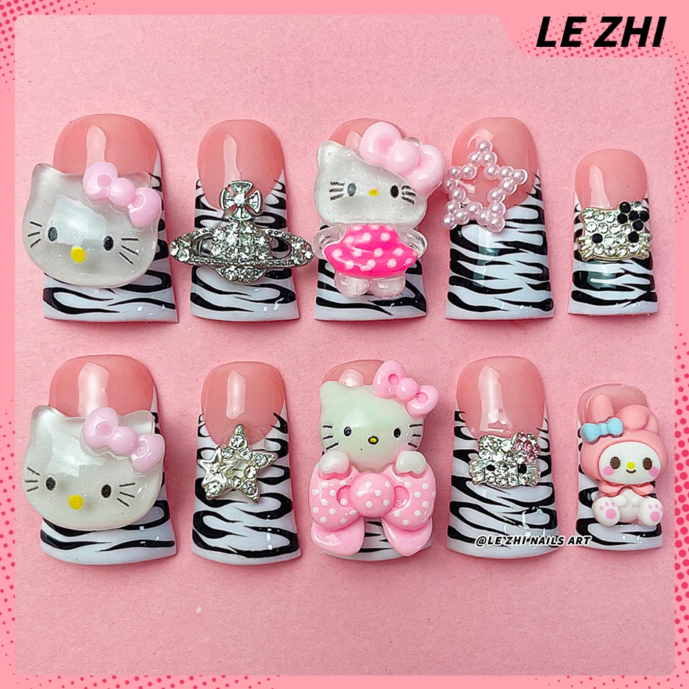 

Zebra-stripe Saturn Hello Kitty French Full Cover Nail Tips Duck-bill Shape Reusable Wearable Press on Nails Customizable Gift