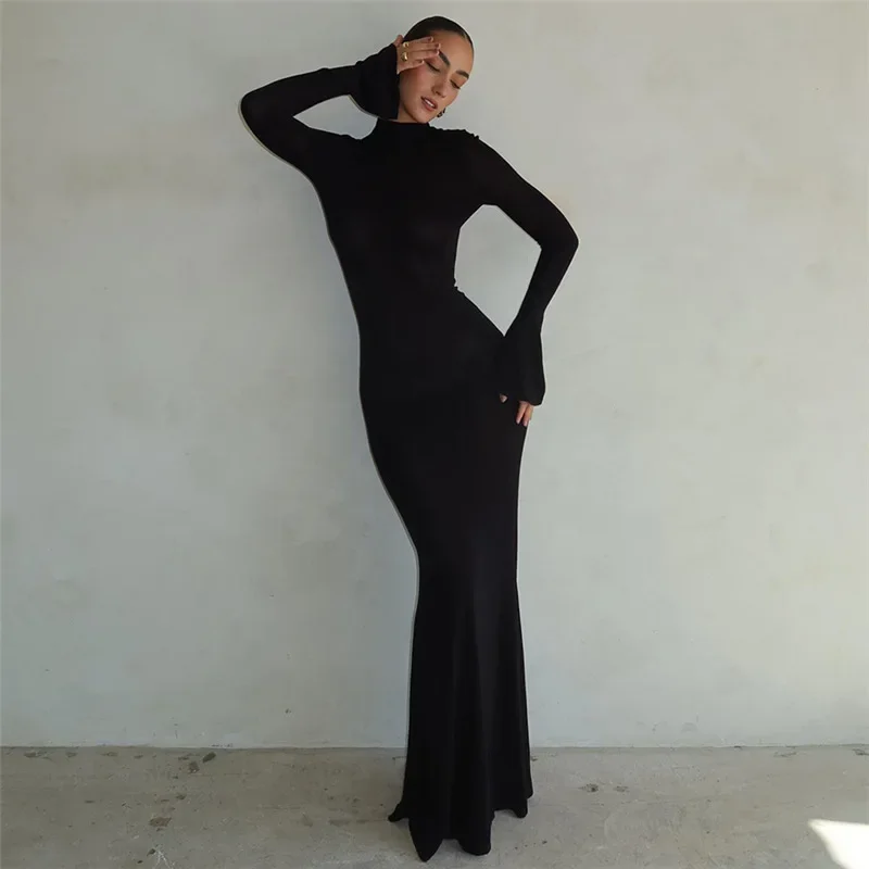 

Элегантное Черное Платье макси с вырезами на спине, женское платье средней длины с высоким воротником, женское шикарное банкетное вечернее платье