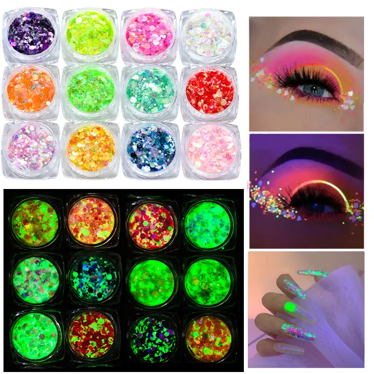 

12 Jars Glow in The Dark Nail Chunky Glitter Body Eyeshadow Sequins Luminous Iridescent Glitter Nail Art Manicure Decorations Ma