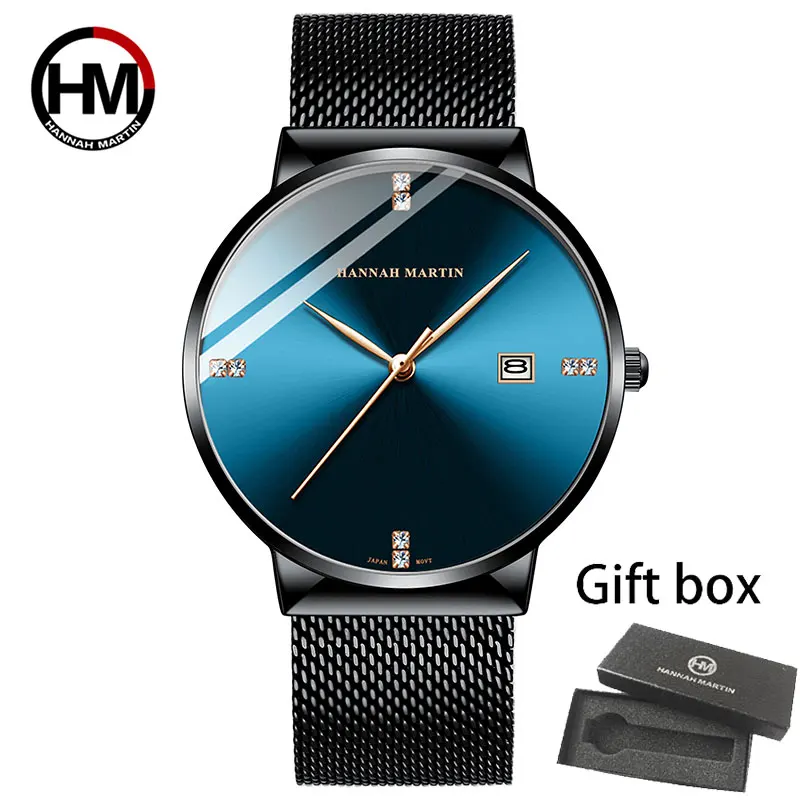 

Hannah Martin Fashion Blue Black Gradient Top Men Watch Diamond Business Waterproof Calendar Wristwatch Japanese Movement Quartz