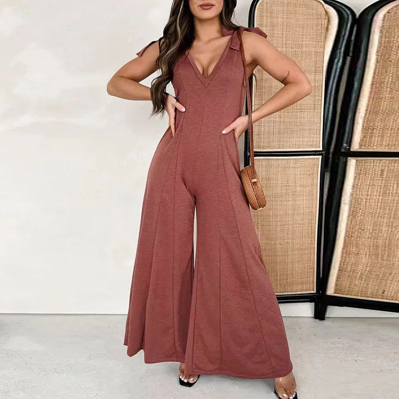 

Sexy Slim Sleeveless Bow Strap Flare Pant Overall Sexy Solid Color Deep V Neck Jumpsuit New Women High Street One Piece Bodysuit