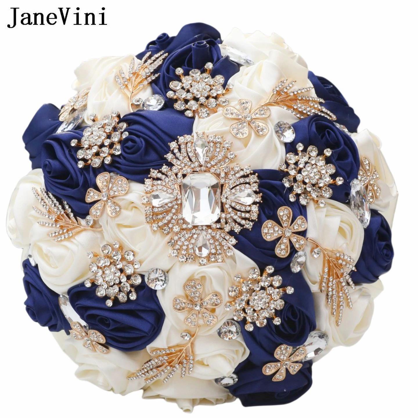 

JaneVini Gold Rhinestone Crystal Bridal Bouquet Fleurs Luxe Navy Blue Ivory Satin Roses Bride Holding Flowers Wedding Accessory