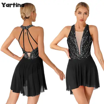 여성용 발레 서정적 댄스 원피스, 반짝이는 라인석 체조 레오타드 의상, 비대칭 밑단, 피겨 스케이팅 의상 상품 이미지