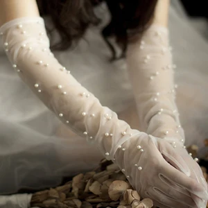 Винтажные Прозрачные Свадебные перчатки, перчатки с жемчугом, Длинные рукавицы, сетчатые чехлы на руку, женские аксессуары для свадебвечерние платья, реквизит для фото