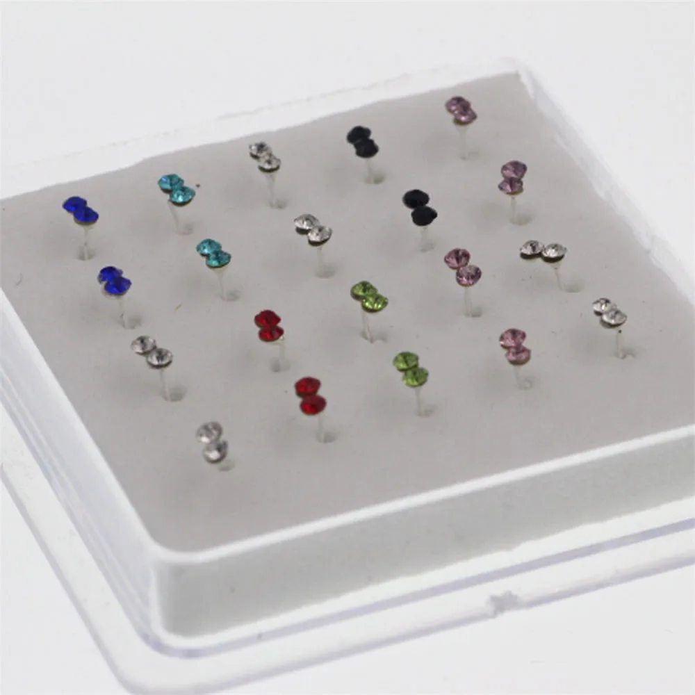 

20PCS/Box 925 Silver Color Mixing Crystal Nose Ring Set Women Surgical Nose Piercing Set Ear Bone Needle Studs Body Jewelry