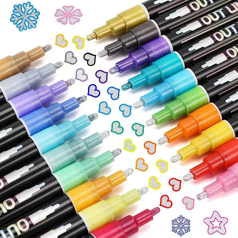 

Shimmer Markers Doodle Outline Dazzles: 20 Colors Metallic Double Line Glitter Pen Set Super Squiggles Dazzlers Durable