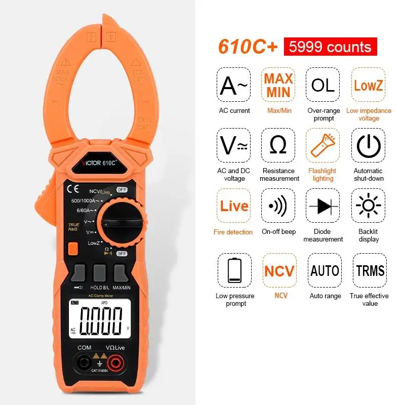Ruoshui Victor 610C+ Digital Clamp Multimeter AC DC Current Amperometric Tester Auto Range Voltmeter True RMS Voltage Ohm
Ruoshui Victor 610C+ Digital Clamp Multimeter AC DC Current Amperometric Tester Auto Range Voltmeter True RMS Voltage Ohm