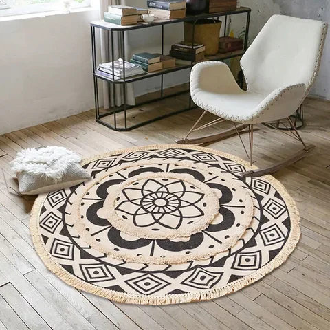 

Boho Nordic tassel Bohemia home decor handmade Macrame cotton printed embroidered round carpet bedroom room door bath mat rug