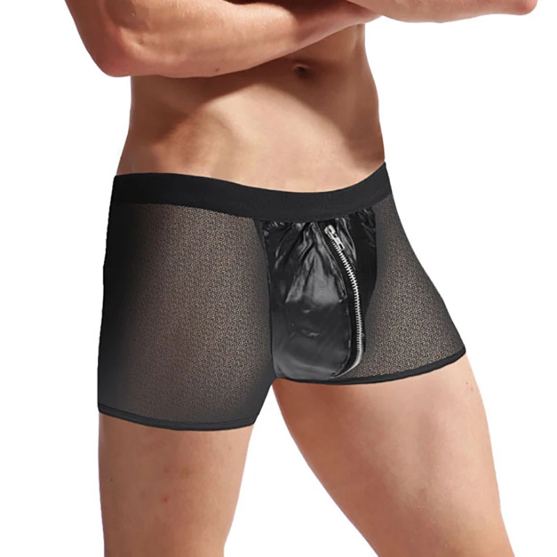 

Men Exotic Boxer Shorts Lingerie Mesh See Through Sissy Underwear Wetlook Zipper Crotchless Gay Panties Fetish Slip Underpants