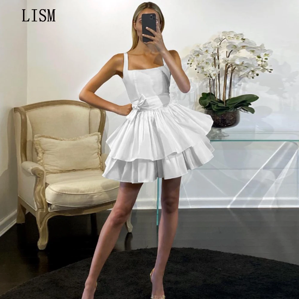 

LISM A-Line Satin Pretty Princess Bridal Dress Spaghetti Straps Mini Wedding Gown Graceful Tiered Custom Made Plus Size 2024