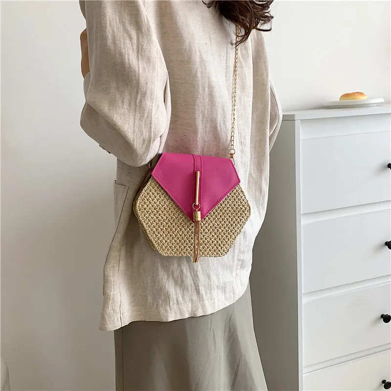 Hexagon Straw & Leather Handbag - Bohemian Woven Beach Shoulder Bag 11 S587e1aca67334982a65f16f6737c9b13J