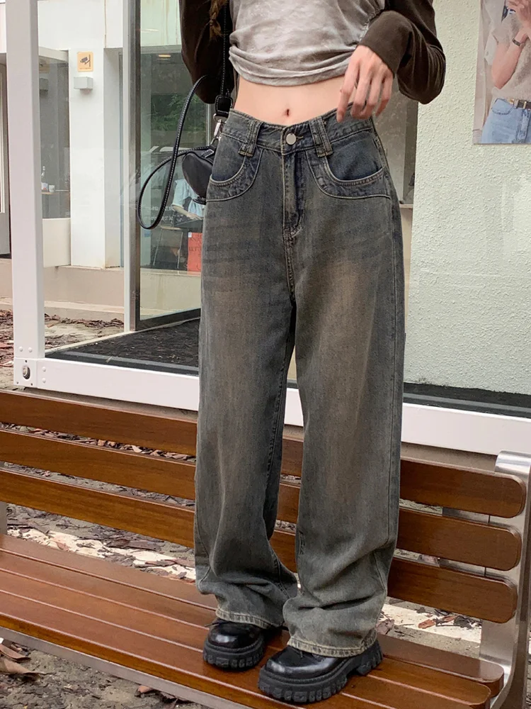 

Slergiri Streetwear Loose Vintage Distressed Jeans Women High-Waisted Y2k Casual Washed Straight Wide Leg Denim Pants
