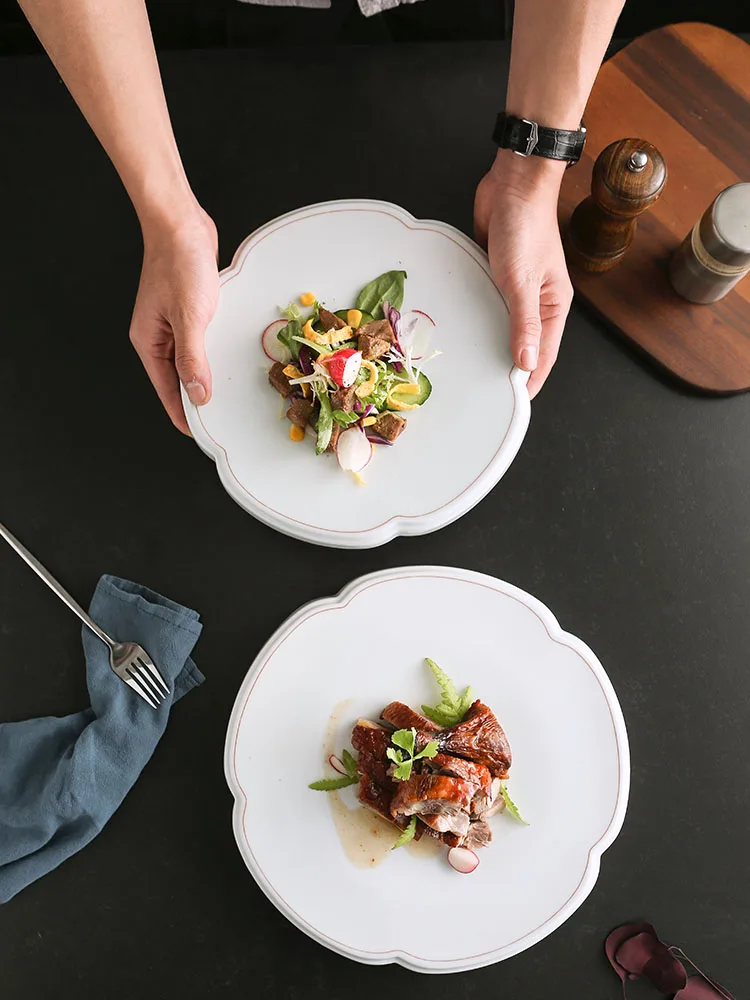 

Pale Blue Flower Shaped Ceramic Dinner Plate Hotel Restaurant Cutlery Cooking Bowl Steak Meat Plate Kitchen Utensils Porcelain