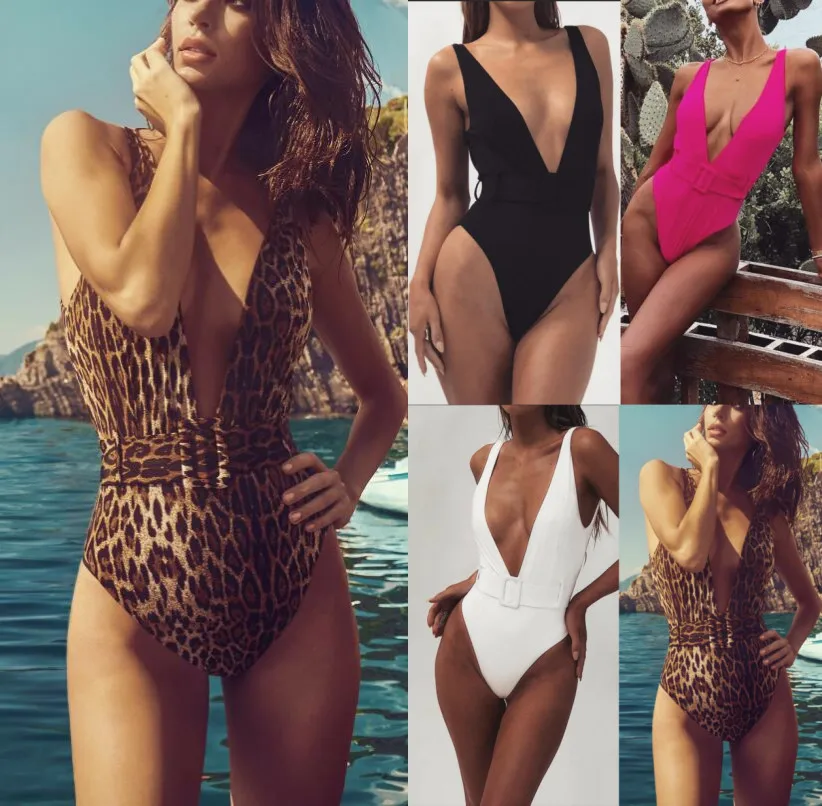 

Halter Neon Deep V Swimsuit Women leopard String Bathing suit Sexy Push Up Swimwear one piece Bodysuits High cut Sash Bikini