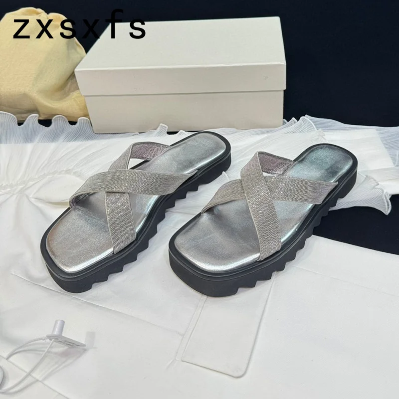 

Summer Platform Crystal Flat Slippers Women Slides Flat Casual Beach Holiday Shoes For Woman Thick Sole Brand Sandalias Mujer