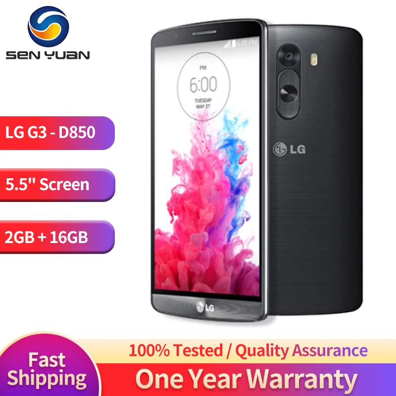 

Original LG G3 D855 4G LTE Mobile Phone 5.5'' 2GB RAM 16GB ROM 13MP+2.1MP CellPhone Rear Camera Quad Core Android Smartphone