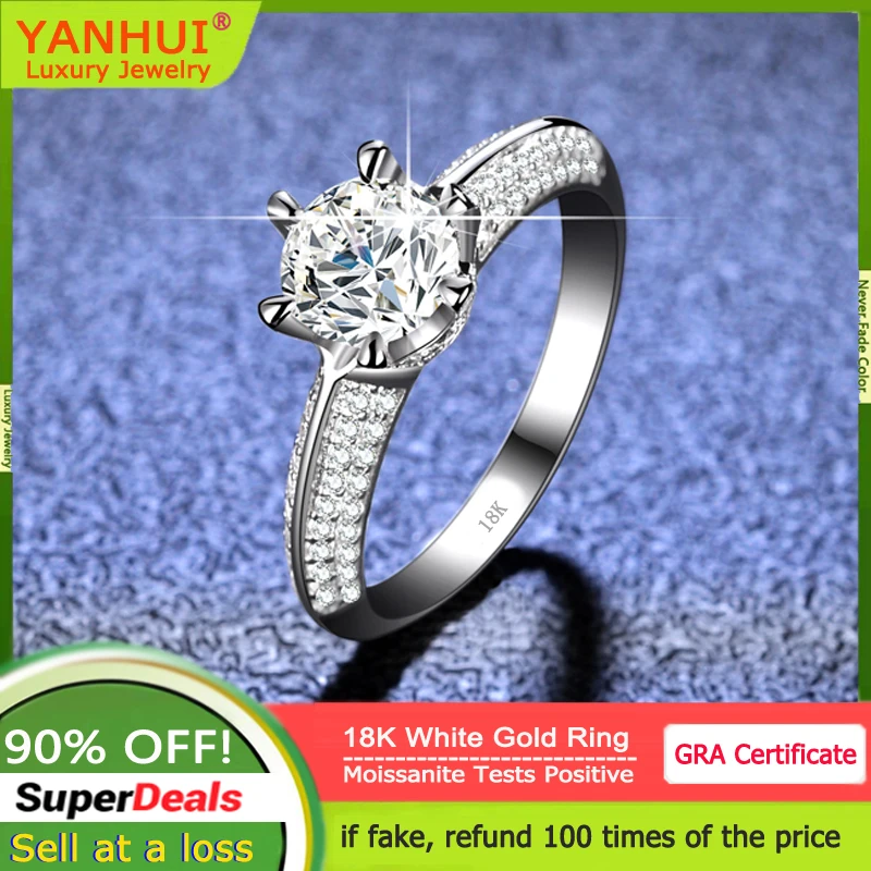 

Fine Jewelry 18K White Gold Ring Round Sparkling 1 Carat VVS1 D Color Moissanite Diamond Rings Wedding Accessories for Women