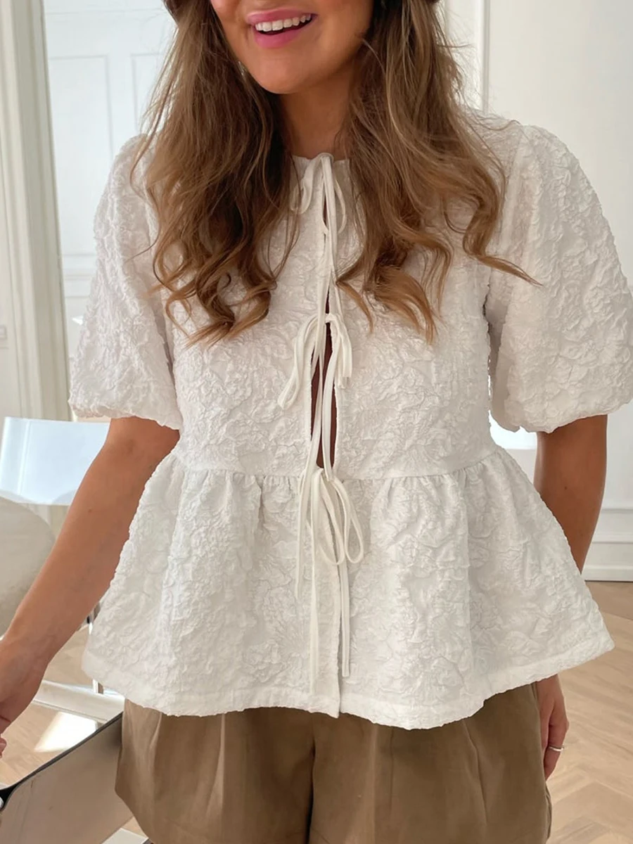 

White Y2k Puff Sleeve Peplum Shirts for Women Lace Up Tie Front Ruffle Hem Loose Blouse Dressy Casual Babydoll Tops