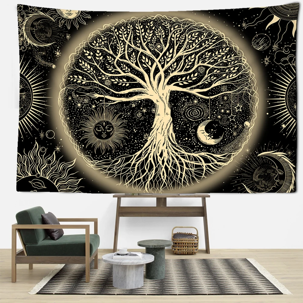 

Yellow Sun Moon Life Tree Tapestry Wall Hanging Witchcraft Hippie Tapiz Art Abstract Bohemian Aesthetics Room Home Decoration