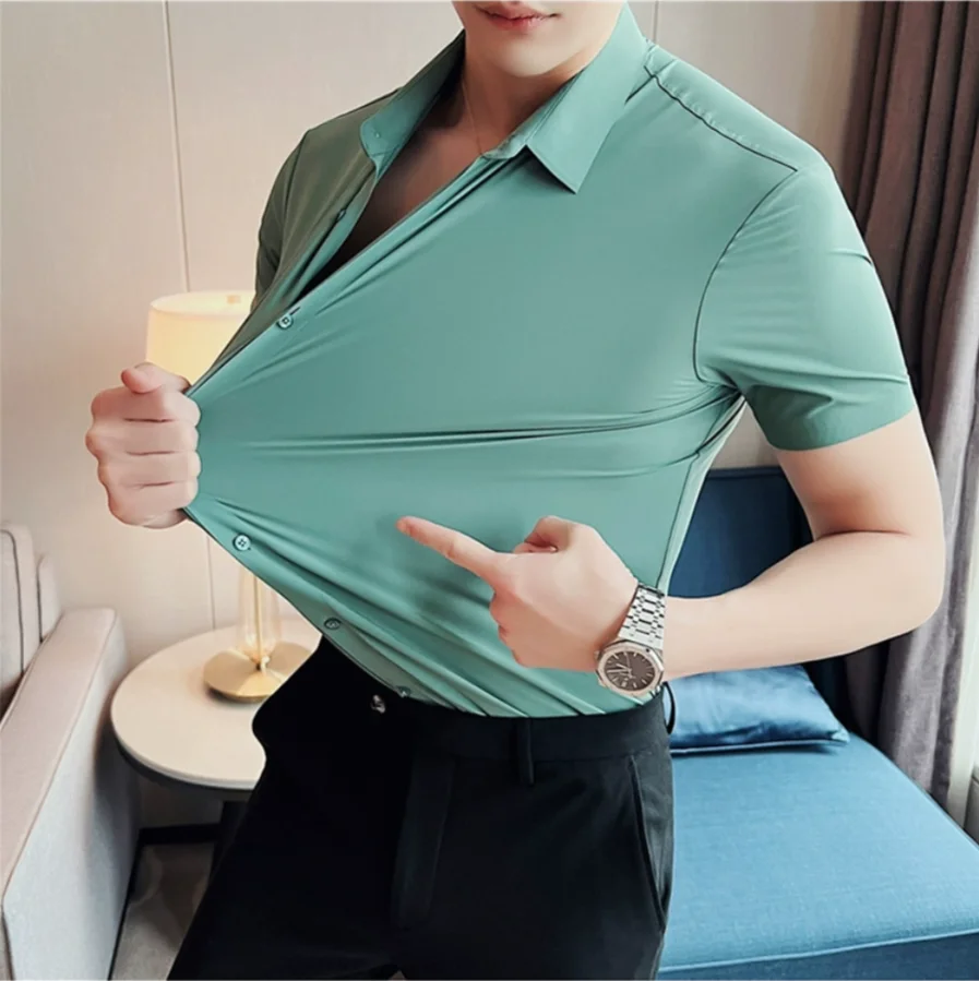 6 colors High Quality New Solid High Elasticity Seamless Short Sleeve Shirts Men Slim Social Casual Business Formal Dress Shirts
6 colors High Quality New Solid High Elasticity Seamless Short Sleeve Shirts Men Slim Social Casual Business Formal Dress Shirts