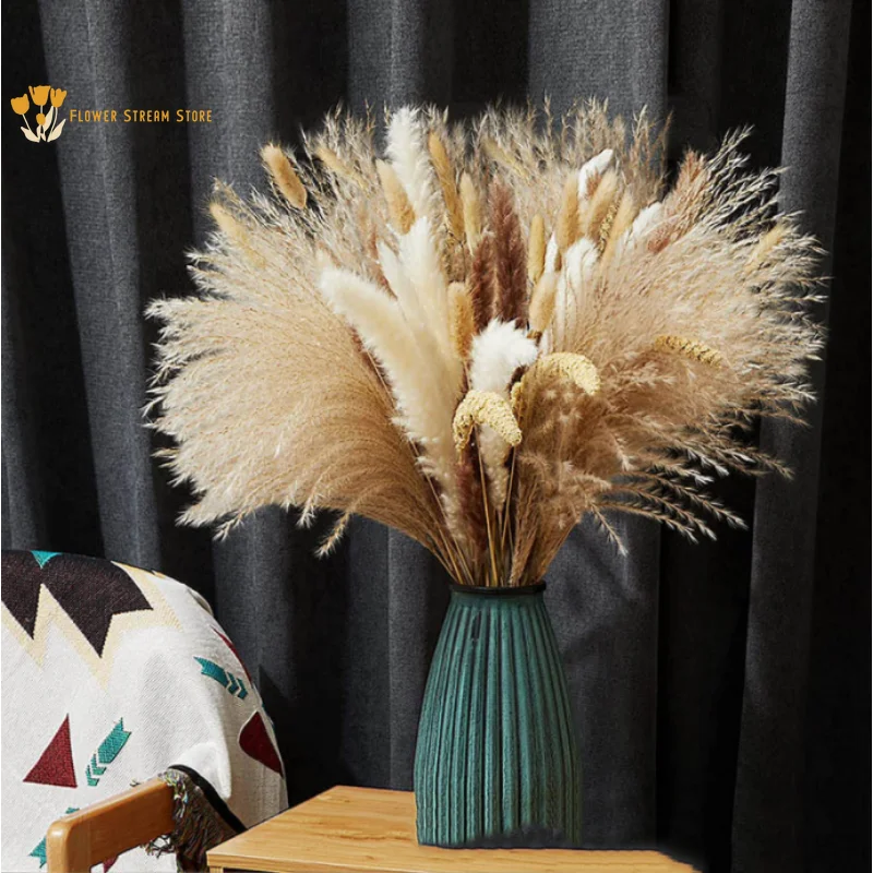 

60Pcs Fluffy Pampas Grass Dried Flower Bouquet Boho Home Decor Natural Bunny Tails Gypsophila for Wedding Floral Room Decoration