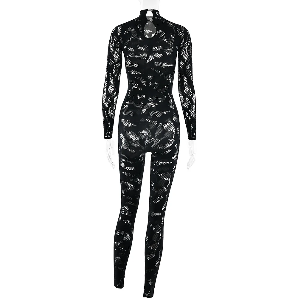 Cutenew Hollow Irregular Jumpsuit Women Full Sleeve Button Sexy See Through Stylish Stretch Skinny Midnight Activity Overall Cutenew Hollow Irregular Jumpsuit Women Full Sleeve Button Sexy See Through Stylish Stretch Skinny Midnight Activity Overall
