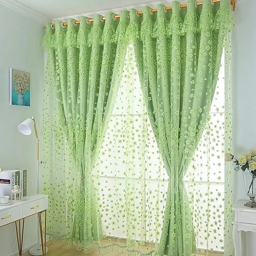 

1 панель, ширина 140 см, двойная планка для гостиной, занавеска с зеленым цветочным принтом и бусинами и кружевом для спальни