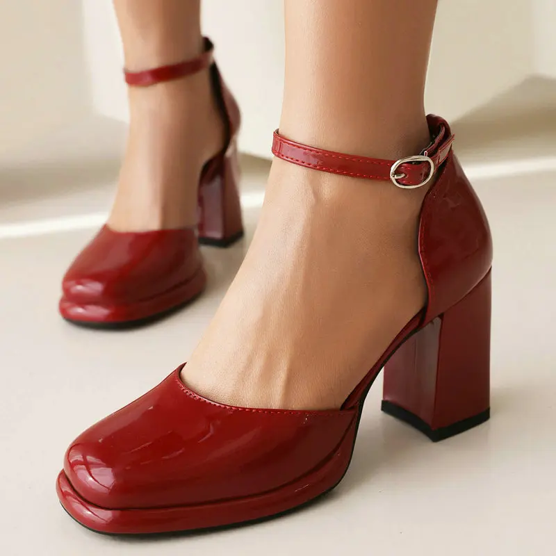 

Big Size 48 Patent Leather Closed Toe Buckle Strap Concise Lady Dress Pumps Mary Janes Shoes Spring Summer Chunky Heels Sandals