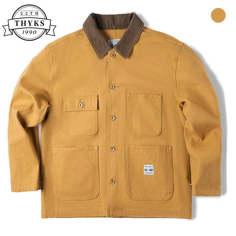 

Men Vintage Jacket 100% Cotton Multi-pocket Turndown Collar Khaki Jackets Fashion Causal Cargo Coat Streetwear Chaqueta Male New