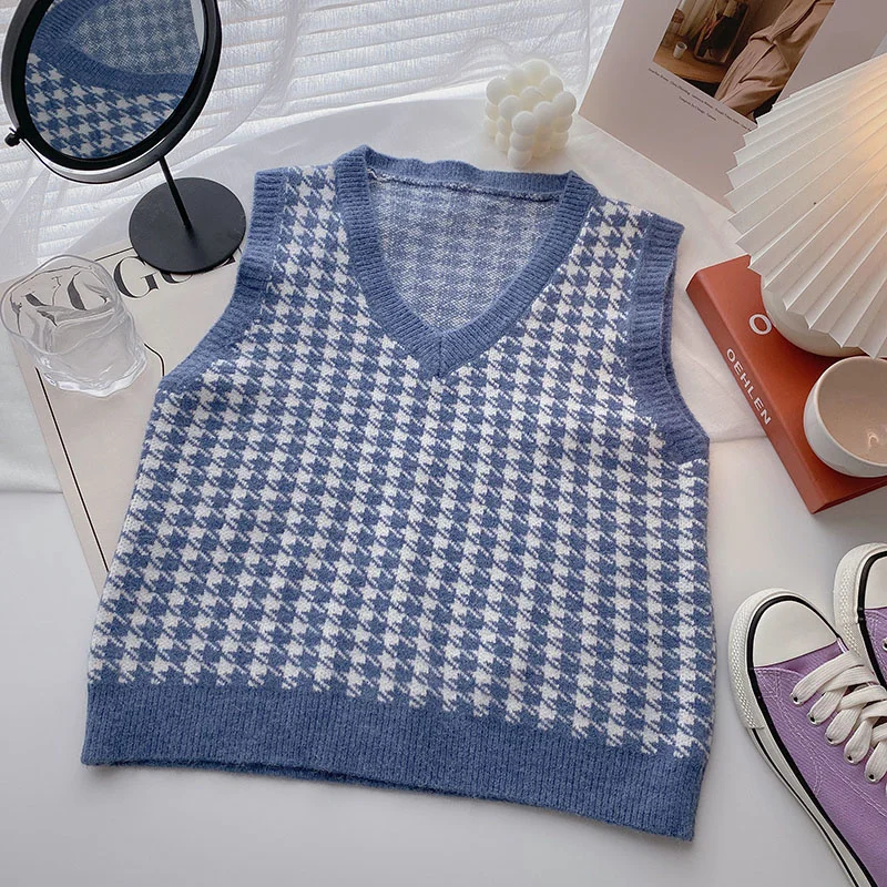 

2023 Casual Knitted Vest Sweaters Female Autumn New Korean Fashion V Neck Houndstooth Sleeveless Sweater Vest Womens Waistcoat