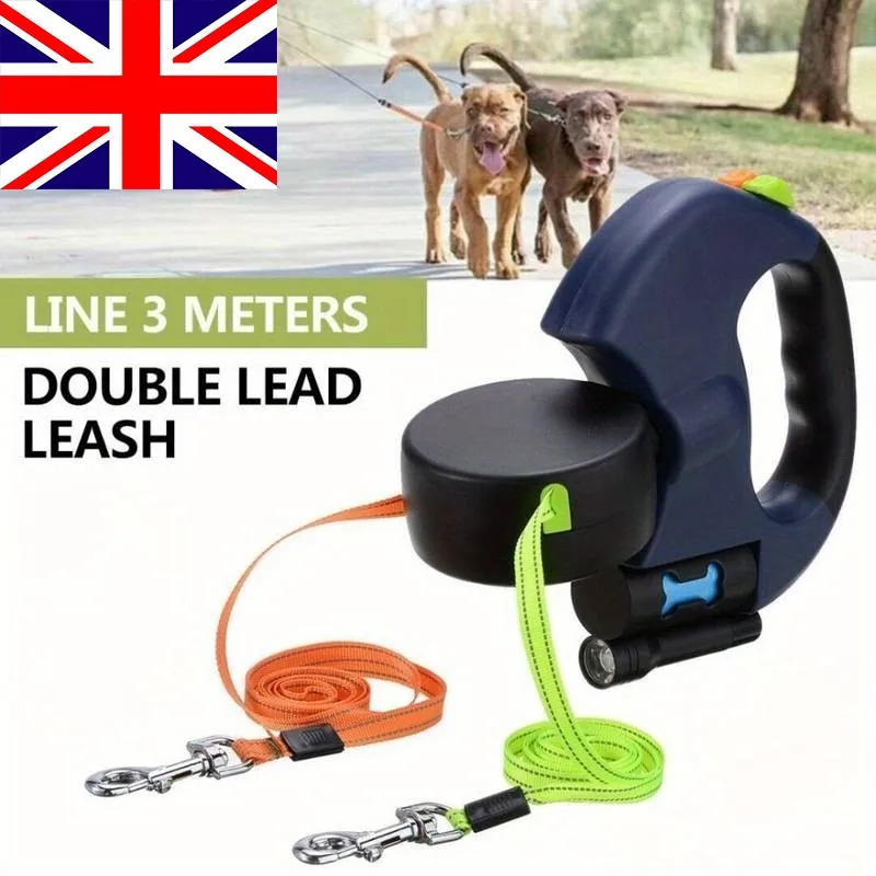 Retractable Pet Lead Leash 2 Dogs Double Rope Leashes with Flashlight Tangle Dual Doggie 360 Swivel No Tangle 3M Ropes: 3 - 5 Days Free Delivery Only UK Retractable Pet Lead Leash 2 Dogs Double Rope Leashes with Flashlight Tangle Dual Doggie 360 Swivel No Tangle 3M Ropes: 3 - 5 Days Free Delivery Only UK