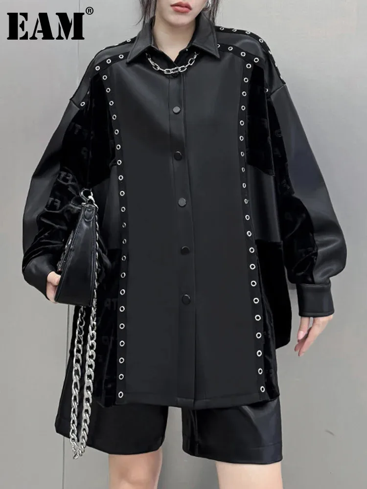 

Женская Повседневная блузка из ПУ кожи EAM, черная бархатная рубашка с отложным воротником и длинным рукавом, большие размеры, весна-осень 2024