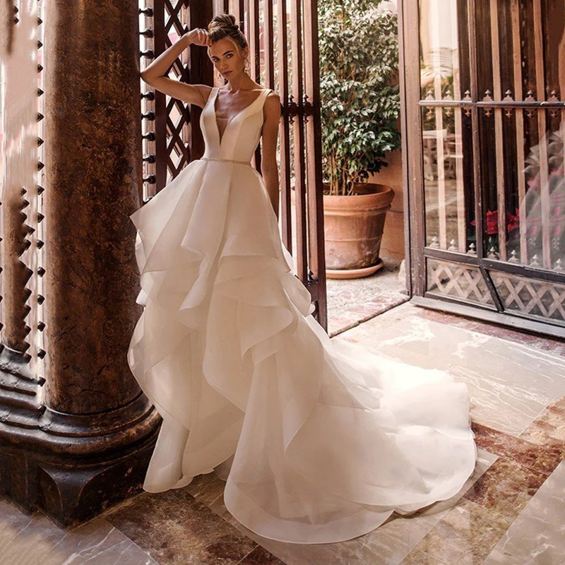 

Eightree Elegant A-Line Wedding Dresses Double V-Neck Beadings Ruffled Bridal Dress Boho Wedding Ball Prom Gowns Custom Size