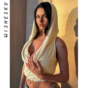 Camiseta Coco Masculina: Conforto e Estilo para o Verão 12 Sexy Pleated Hooded Slim Crop Tops Women Elegant V Neck Solid Sleeveless T-shirt 2023 Summer Casual Female Apricot Streetwear