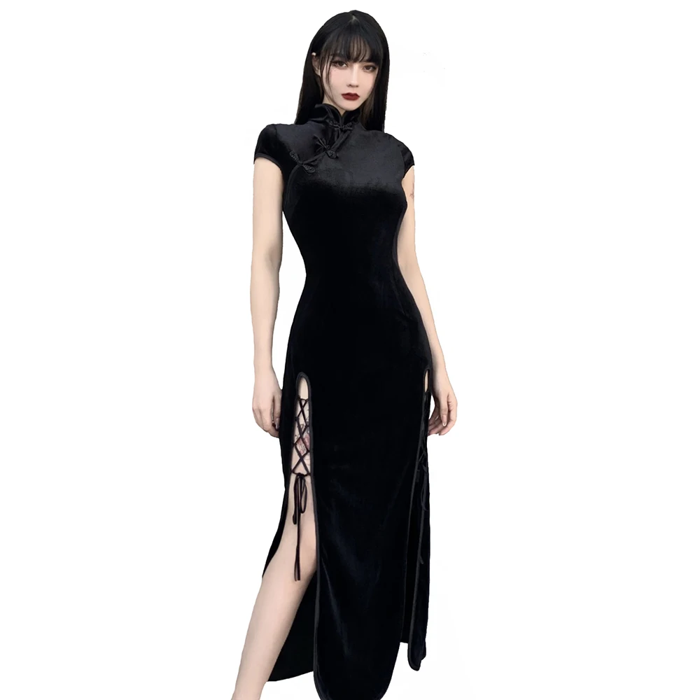 

Chinese Style Cheongsam Harajuku Vintage Black Bandage High Slit Velvet Dress Retro Long Qipao Gothic Women Aesthetic Dress S-XL