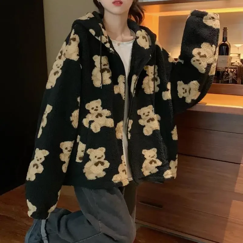 

2022 Harajuku Bear Teddy Print Plush Jacket Women WinterFemale Korean Fluffy Hooded Coat Thick Warm Couple Streetwear Outerwear