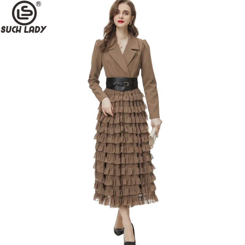 

Women's Runway Dresses Notched Collar Long Sleeves Patchwork Tiered Ruffles Fashion Designer Mid Office Vestidos