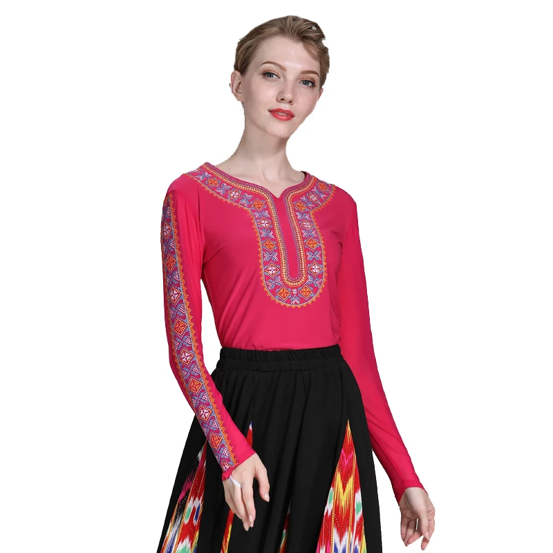 

Oriental Chinese Folk Style Costume Xinjiang Dance Tops Women's Practice Clothes Uyghur Dance Stage Performance Blouse Shirt