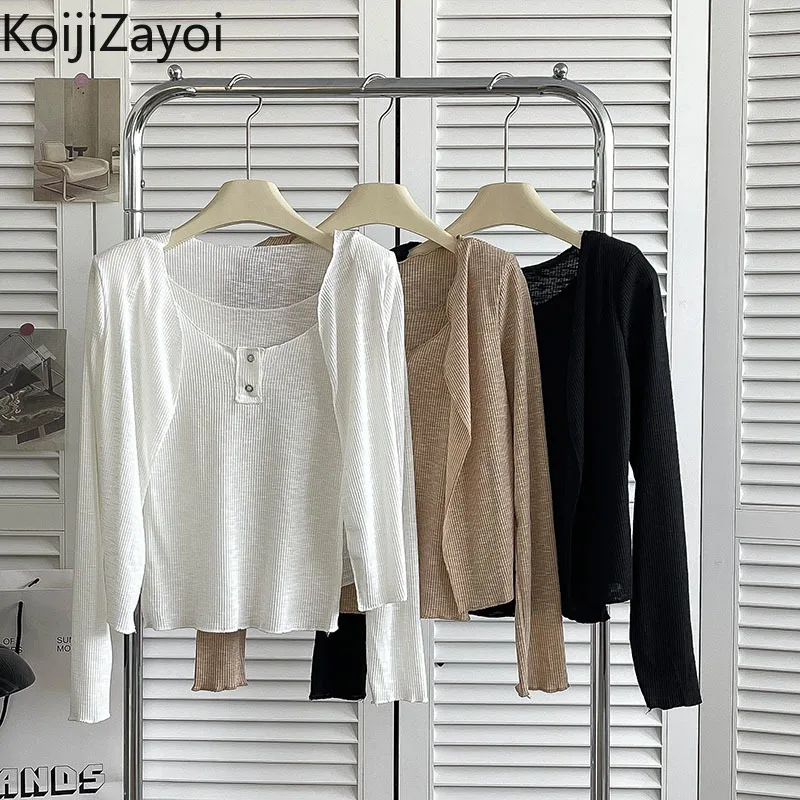 

Koijizayoi Knitted Women Solid Cardigan Slim Office Lady Spring Autumn Thin Kardigan Long Sleeves Fashion Chic Outwear Cardigans