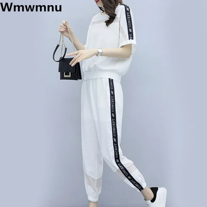 

Casual Hollow Out Sweatshirt Tracksuit Summer Short Sleeve Tshirt Top Outfit Baggy High Waist Ankle-length Jogger Pant Conjuntos