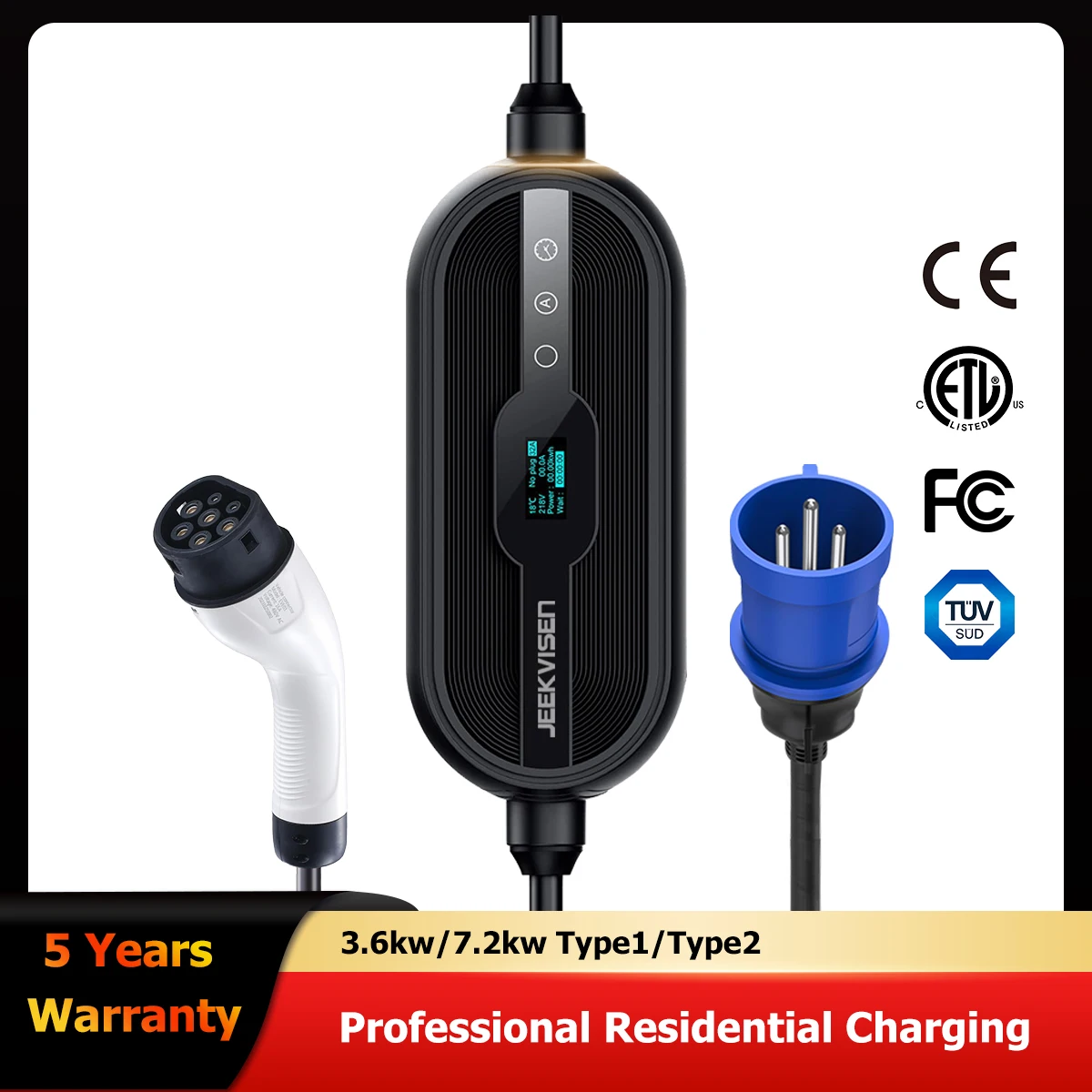 

Jeekvisen Adjustable Portable EV Charger Type2 220V 32A 7KW EVSE Charging CEE Plug With App Wifi Bluetooth CE ETL TUV