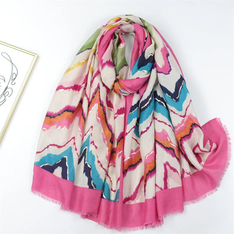 

2023 Winter Viscose Scarves Women Designer Geometric Wave Striped Shawls And Wraps Pashmina Stole Bufandas Muslim Sjaal 180*90Cm