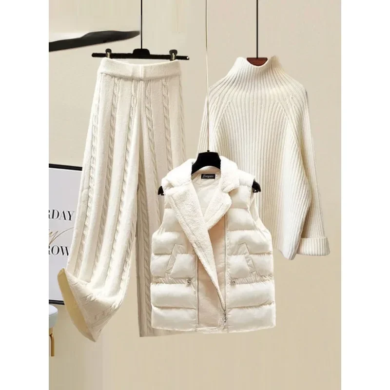 

Winter 3 Piece Sets Womens Outfits Office Ladies Turtleneck Knitted Sweater+woolen Parkas Vest+wide Leg Knitting Pants N438