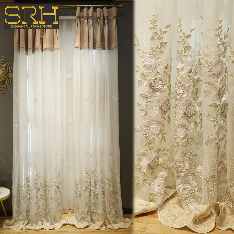 

Luxury French Rose Flower Embossed Embroidery Tulle Curtains for Living Room Bedroom Dining Sheer Bead Curtain Free Shipping