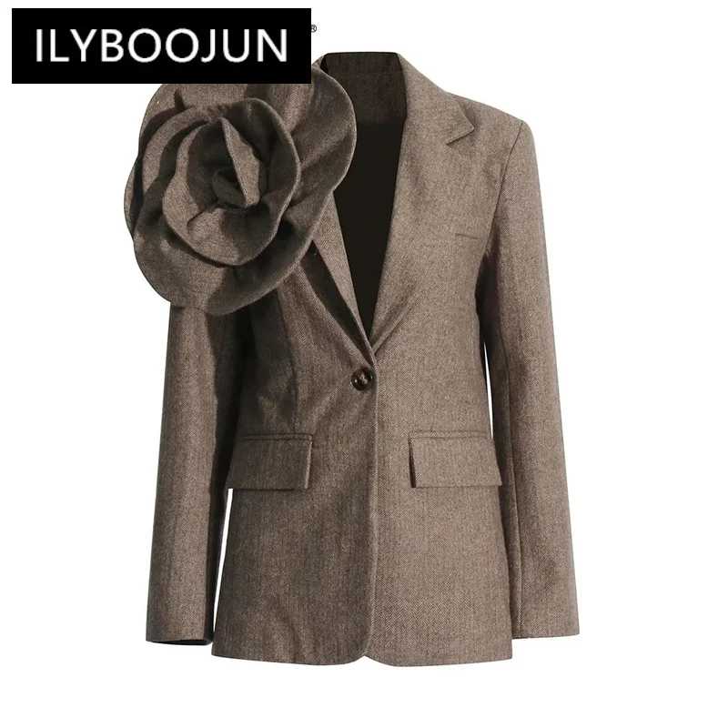 

ILYBOOJUN Solid Patchwork Appliques Elegant Blazers For Women Tailored Collar Long Sleeve Spliced Button Casual Blazer Female