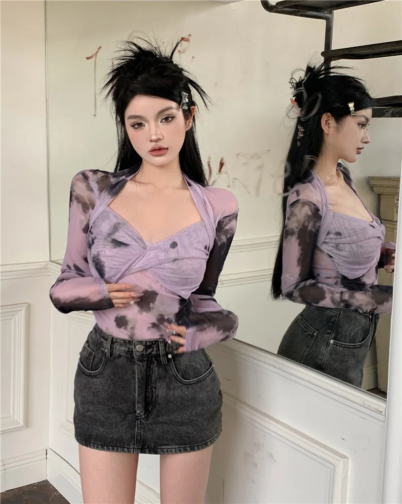 

Purple Sexy Spicy Girl Design Sense Niche Square Neck Bottom Long Sleeved T-shirt Spring Slim Fit Inner Top For Women P324