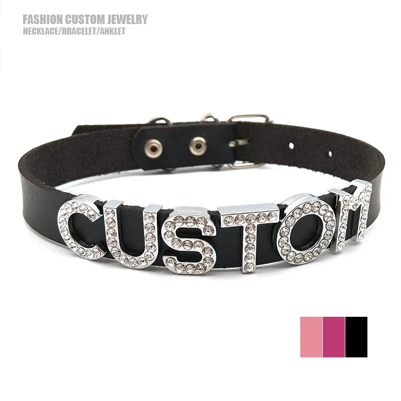 

Black Leather Choker Collar Rhinestone Letter Custom Name Necklaces For Women Personalized Daddys Sexy Party Cosplay Jewelry