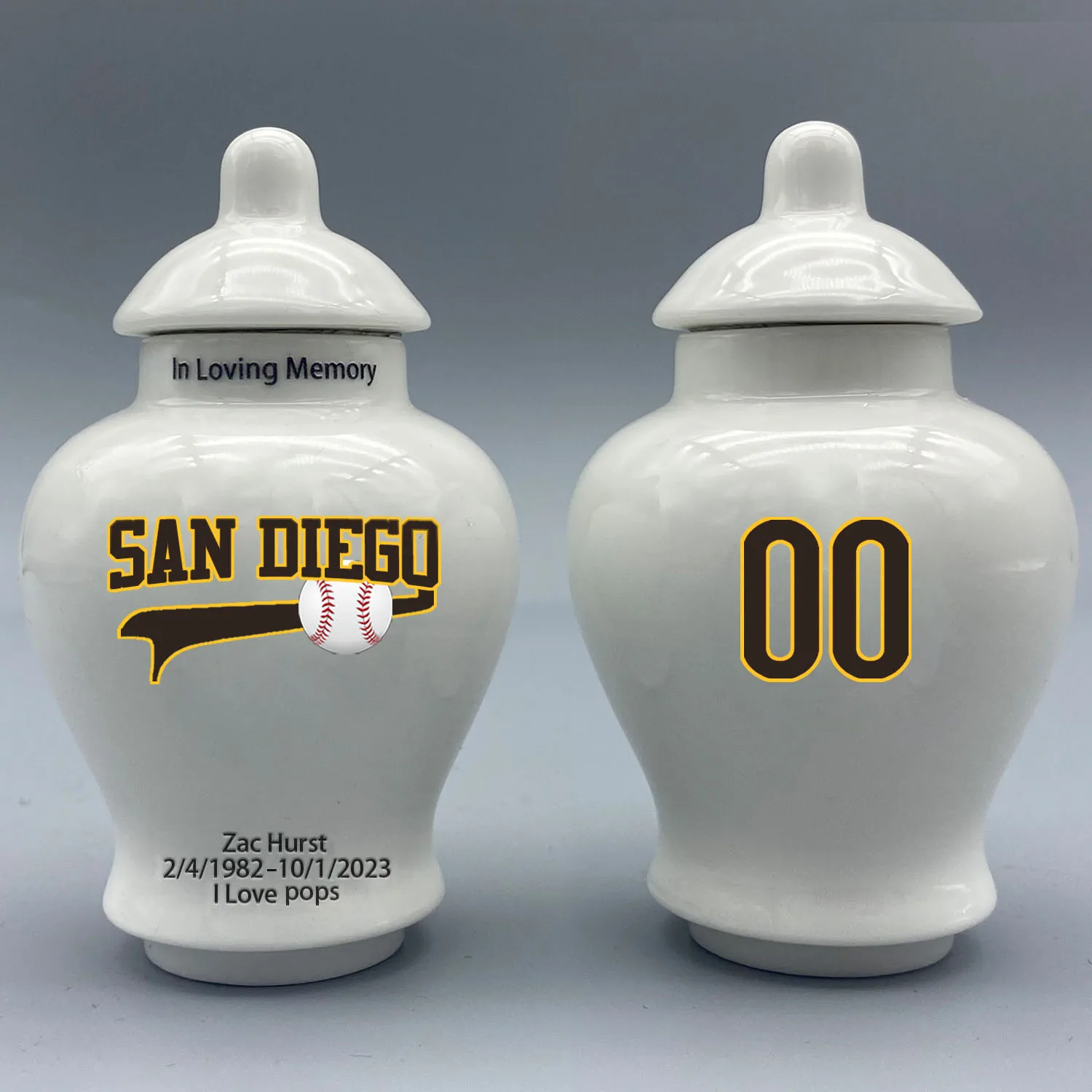 

Mini Urn for San Diego Padres-Baseball themed.Please send me the customization information - name/date and number on the urn